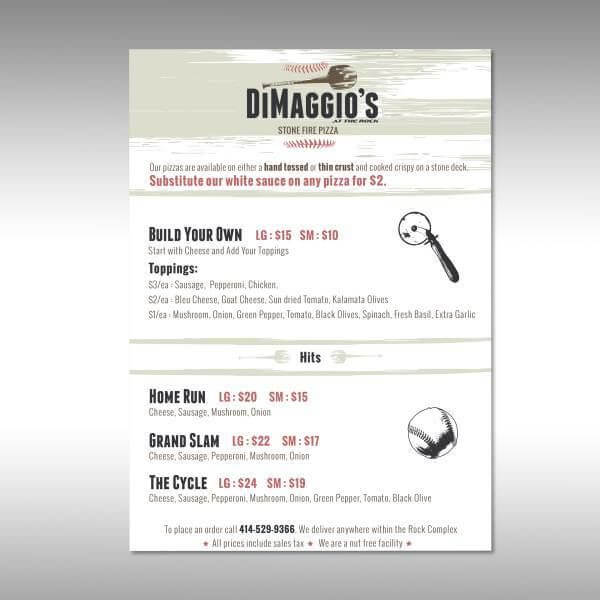 DiMaggio's at The Rock Menu - Front Custom Menu Design Milwaukee